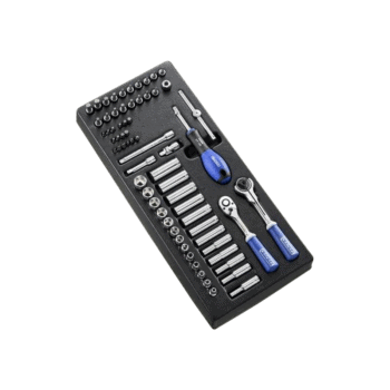 Set of Facom 1/4 socket tools including ratchets, sockets, and screwdrivers in a black tray for automotive or mechanical use.
