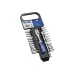 Facom 1/4 inch socket set on rack with 22 pieces, including ratchet and extension bar, ideal for automotive and mechanical repairs.