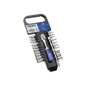 Facom 1/4 inch socket set on rack with 22 pieces, including ratchet and extension bar, ideal for automotive and mechanical repairs.