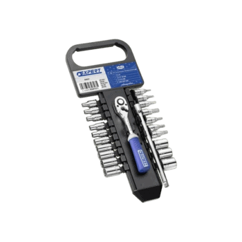 Facom 1/4 inch socket set on rack with 22 pieces, including ratchet and extension bar, ideal for automotive and mechanical repairs.