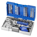 Facom 1/4 inch drive socket set with 48 pieces in a blue and silver case, ideal for automotive and mechanical repairs.