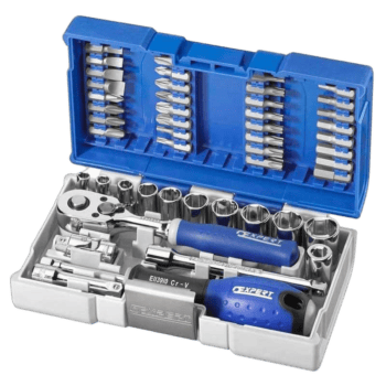 Facom 1/4 inch drive socket set with 48 pieces in a blue and silver case, ideal for automotive and mechanical repairs.