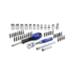 Set of professional ratchet wrenches and sockets for race car maintenance and repair, featuring a blue-handled ratchet and various socket sizes.