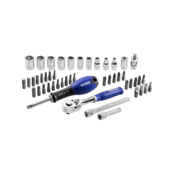 Set of professional ratchet wrenches and sockets for race car maintenance and repair, featuring a blue-handled ratchet and various socket sizes.