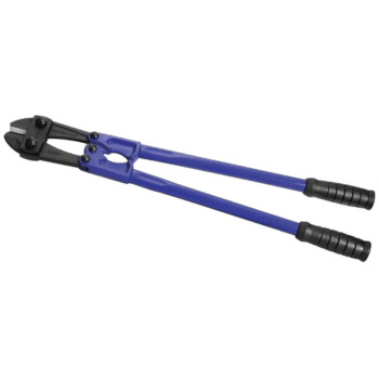 Heavy-duty bolt cropper tool with blue handles and black cutting head for industrial use.