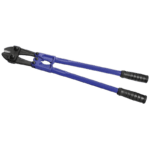 Heavy-duty bolt cropper tool with blue handles and black cutting head for industrial use.
