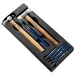 Set of Facom shock tools including hammers, chisels, and punches in a black presentation box for professional use.