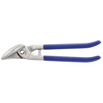 Facom scroll shears with thin blades and blue handles, ideal for precise cutting tasks.