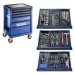 Grand Prix Racewear tool storage cart with three open tool organiser trays showing various hand tools and accessories.