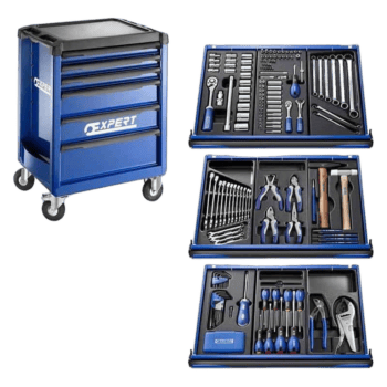Grand Prix Racewear tool storage cart with three open tool organiser trays showing various hand tools and accessories.
