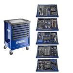 Complete set of Facom Master Tool Set 287pcs with five organised blue tool trays and a mobile storage cabinet.