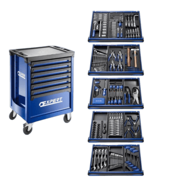 Complete set of Facom Master Tool Set 287pcs with five organised blue tool trays and a mobile storage cabinet.