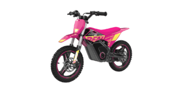 Pink children's electric dirt bike with black and yellow accents, suitable for young riders, featuring a sturdy frame and off-road tires.