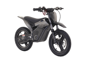Electric dirt bike from Grand Prix Racewear with black and grey design, off-road tyres, and modern features for motocross enthusiasts.