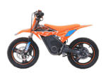 Electric dirt bike with orange and black design, suitable for off-road racing and motocross enthusiasts.