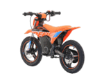 Electric dirt bike with orange and black design, suitable for off-road racing and motocross enthusiasts.