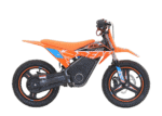 Orange and black electric dirt bike with KTM branding, designed for off-road racing and motocross enthusiasts.