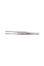 Close-up of silver tweezers on a white background, used for precision tasks in racewear manufacturing.