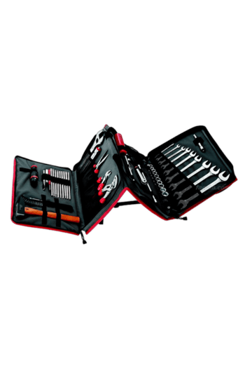 Facom maintenance tool kit with various screwdrivers, wrenches, and accessories in a black and red case.