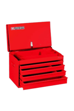 Red Facom tool chest with multiple drawers for storing tools and equipment, ideal for professional garages and workshops.