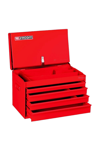 Red Facom tool chest with multiple drawers for storing tools and equipment, ideal for professional garages and workshops.