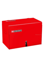 Red Facom toolbox with black latch and handle, used for storing tools and equipment.