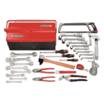 Facom tool set with a red toolbox, wrenches, screwdrivers, and hammers for professional mechanical work.