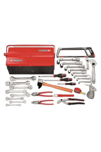 Facom tool set with a red toolbox, wrenches, screwdrivers, and hammers for professional mechanical work.