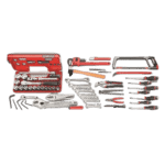 Complete Facom tool set with various hand tools, sockets, and accessories displayed on a black background.