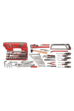 Complete Facom tool set with various hand tools, sockets, and accessories displayed on a black background.