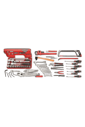 Complete Facom tool set with various hand tools, sockets, and accessories displayed on a black background.