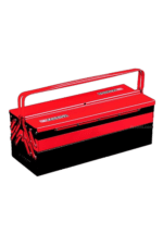Red toolbox with handle, ideal for storing and organising tools at racing events or workshops.
