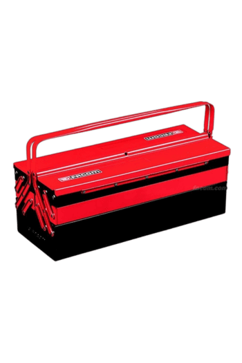 Red toolbox with handle, ideal for storing and organising tools at racing events or workshops.