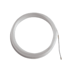 Flexible white fish tape coiled, used for electrical wiring installations and cable pulling.