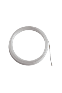 Flexible white fish tape coiled, used for electrical wiring installations and cable pulling.