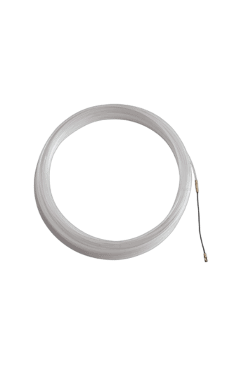 Flexible white fish tape coiled, used for electrical wiring installations and cable pulling.
