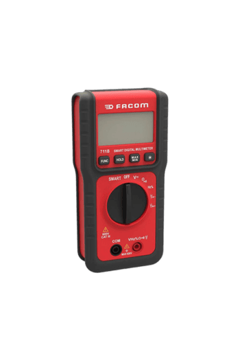 Facom 711B Smart Digital Multimeter in red and black with LCD display and rotary dial for electrical measurements.