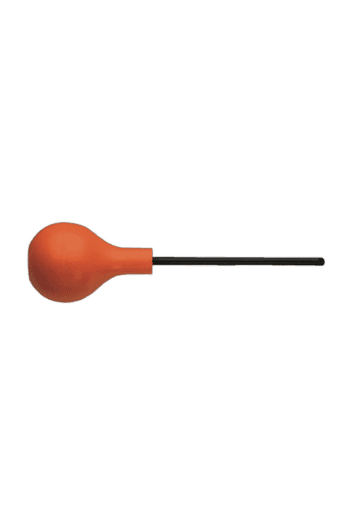 Orange rubber bulb with a black metal nozzle, used for manual air inflation or bleeding systems.