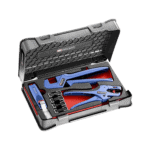 Facom mobile crimp tool set with blue and black tools in a protective case for electrical work.