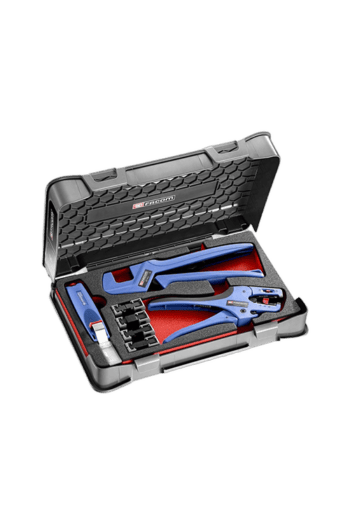 Facom mobile crimp tool set with blue and black tools in a protective case for electrical work.