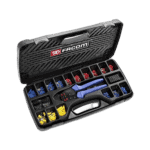 Facom crimping plier set with terminals in a black plastic case, ideal for electrical work and wiring projects.