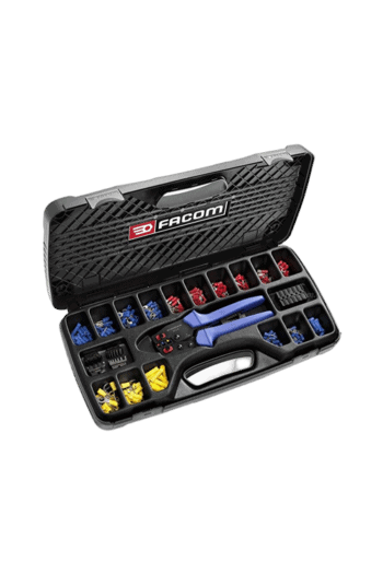 Facom crimping plier set with terminals in a black plastic case, ideal for electrical work and wiring projects.