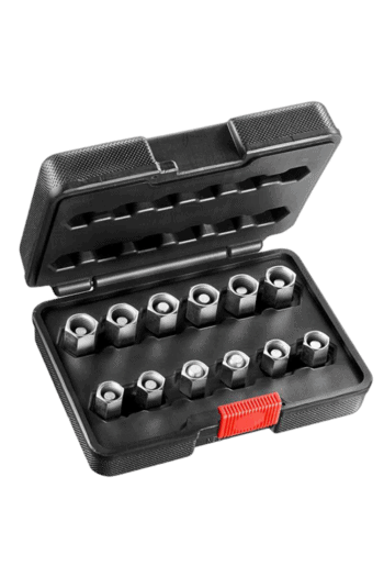 Set of six Facom common rail caps in a black plastic case with red latch, used for diesel engine maintenance.