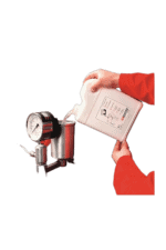 Person in red jacket pouring liquid into a pressure gauge testing device for Grand Prix Racewear safety gear.