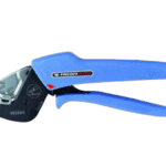 Facom crimping pliers with blue handles and black head for electrical connector crimping.