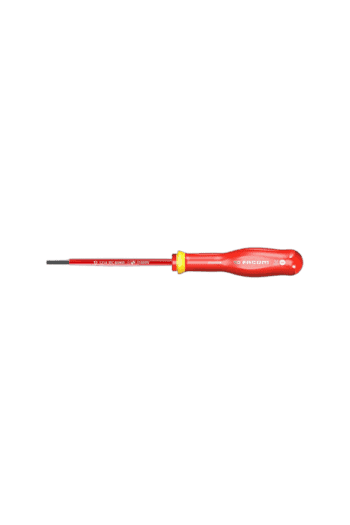 Facom screwdriver with red handle and metal shaft, suitable for electrical work and precision tasks.