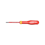 Facom screwdriver with red handle and yellow accents, suitable for electrical work and precision tasks.