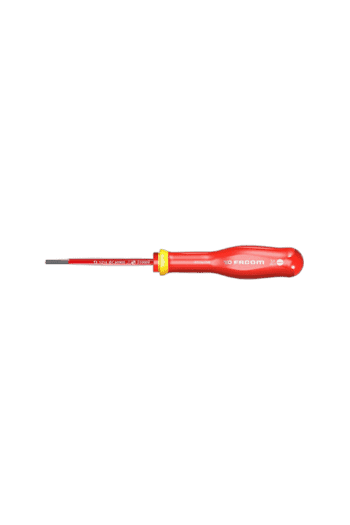 Facom screwdriver with red handle and yellow accents, suitable for electrical work and precision tasks.