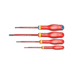 Set of four Facom insulated screwdrivers with red handles and yellow accents, suitable for electrical work up to 1000V.