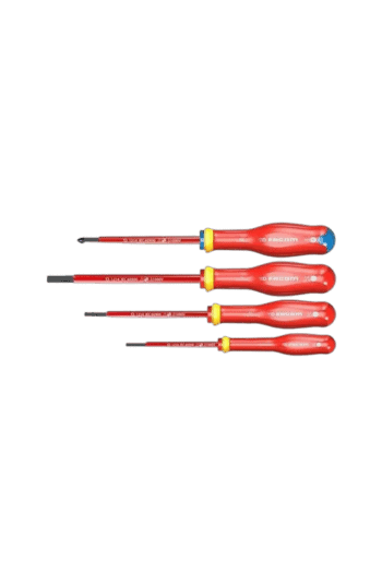 Set of four Facom insulated screwdrivers with red handles and yellow accents, suitable for electrical work up to 1000V.